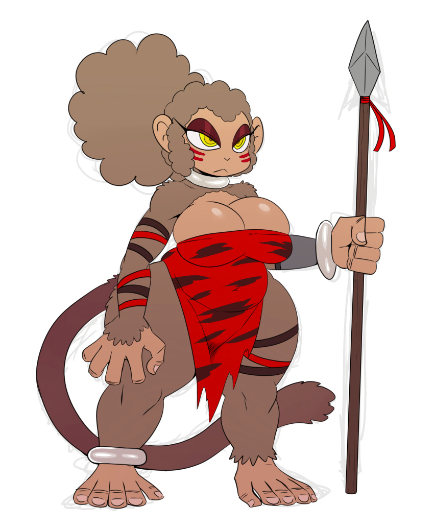 5_fingers 5_toes anthro big_breasts breasts brown_fur cleavage clothed clothing digital_media_(artwork) eyeshadow face_paint female fingers fur hair half-closed_eyes hi_res holding_object jewelry makeup mammal melee_weapon monkey necklace polearm primate simple_background solo spear sssonic2 standing talma thick_thighs tight_clothing toes voluptuous weapon white_background wide_hips yellow_eyes