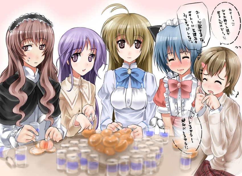 ^_^ abubu ahoge animal_ears ayasaki_hayate blue_hair blush bow brown_eyes brown_hair buttons cape cellphone closed_eyes crossdressing crossover drinking hair_ornament hairclip happiness! hayate_no_gotoku! long_hair maid maid_headdress mako-chan_(minami-ke) makoto_(minami-ke) minami-ke miyanokouji_mizuho multiple_boys open_mouth otoko_no_ko otome_wa_boku_ni_koishiteru phone princess_princess purple_eyes purple_hair ribbon sitting smile table talking_on_phone translated watarase_jun yutaka_mikoto