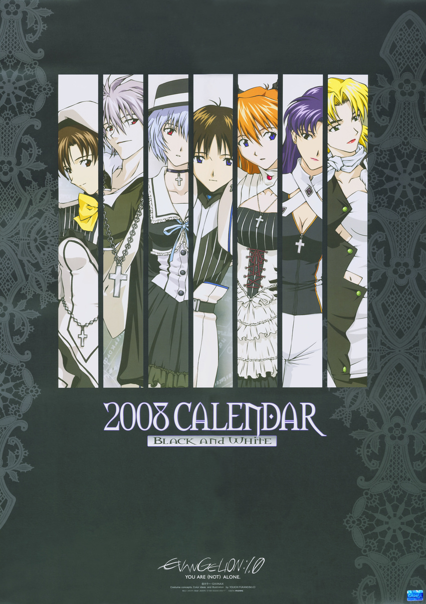 5girls absurdres akagi_ritsuko alternate_costume ayanami_rei blonde_hair blue_eyes blue_hair breasts brown_hair calendar_(medium) choker cleavage cross dress evangelion:_1.0_you_are_(not)_alone everyone frills fukano_youichi gothic gothic_lolita highres ibuki_maya ikari_shinji jewelry katsuragi_misato latin_cross lipstick lolita_fashion long_hair makeup medium_breasts mole mole_under_eye multiple_boys multiple_girls nagisa_kaworu necklace neon_genesis_evangelion orange_hair pantyhose pendant purple_hair rebuild_of_evangelion red_eyes scan scarf shikinami_asuka_langley short_hair souryuu_asuka_langley white_hair