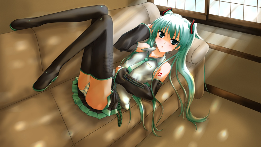 aqua_hair bad_id bad_pixiv_id couch hatsune_miku long_hair lying panties prime shadow solo striped striped_panties thighhighs twintails underwear vocaloid window