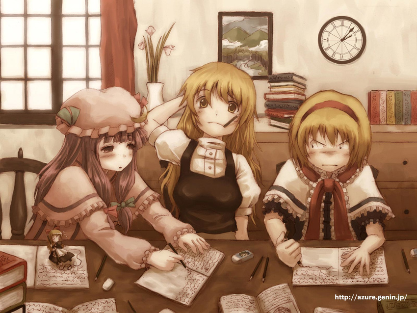 alice_margatroid angry blonde_hair book book_stack capelet clock eraser flower frills hairband highres hyuuga_azuri jealous kirisame_marisa long_hair magic_research mouth_hold multiple_girls patchouli_knowledge pencil photo_(object) purple_hair shanghai_doll short_hair sitting table touhou vase window writing