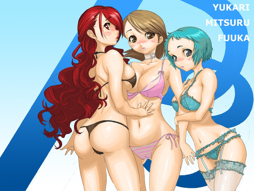 ass between_breasts blue_hair blush bra breasts brown_hair choker curly_hair frills garter_belt highres indee kirijou_mitsuru lace large_breasts lingerie multiple_girls panties persona persona_3 red_hair striped striped_panties takeba_yukari thighhighs underwear underwear_only wallpaper yamagishi_fuuka