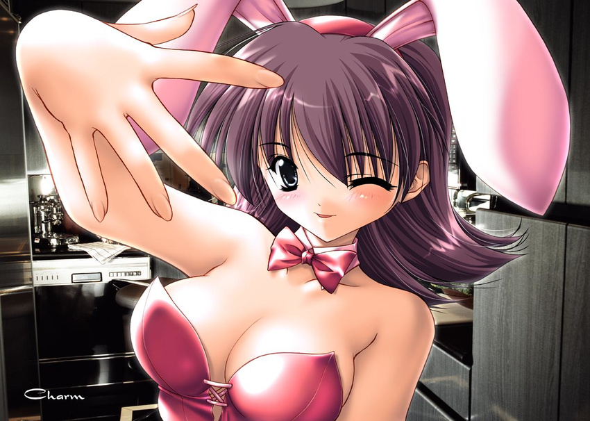 animal_ears bare_shoulders black_eyes blush breasts brown_hair cleavage copyright_request large_breasts short_hair solo washimi_tsutomu