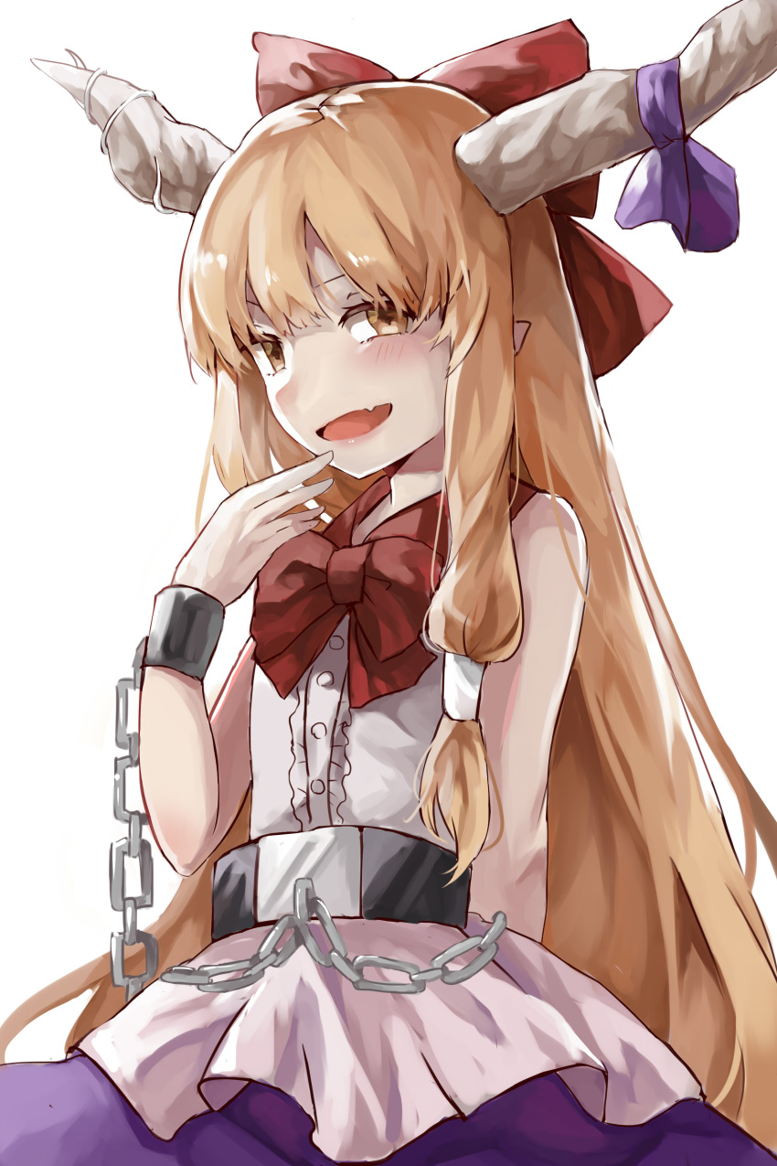 1girl absurdres bangs bare_arms bare_shoulders belt black_belt blonde_hair blush bow bowtie brown_eyes chains commentary_request cowboy_shot cuffs fang hair_bow hand_up highres horn_ribbon horns ibuki_suika kani_nyan long_hair looking_at_viewer oni oni_horns open_mouth pointy_ears purple_ribbon purple_skirt red_bow red_neckwear ribbon shackles shirt sidelocks simple_background skirt sleeveless sleeveless_shirt smile solo touhou very_long_hair white_background white_shirt