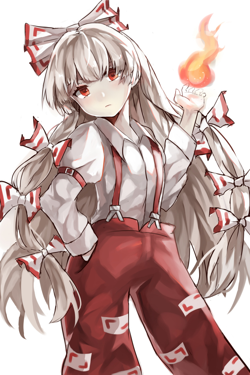 1girl absurdres arm_belt bangs belt bow commentary_request feet_out_of_frame fire fujiwara_no_mokou hair_bow hand_in_pocket hand_up head_tilt highres juliet_sleeves kani_nyan long_hair long_sleeves looking_at_viewer ofuda pants puffy_sleeves red_belt red_eyes red_pants shirt silver_hair simple_background solo standing suspenders touhou very_long_hair white_background white_bow white_shirt wing_collar