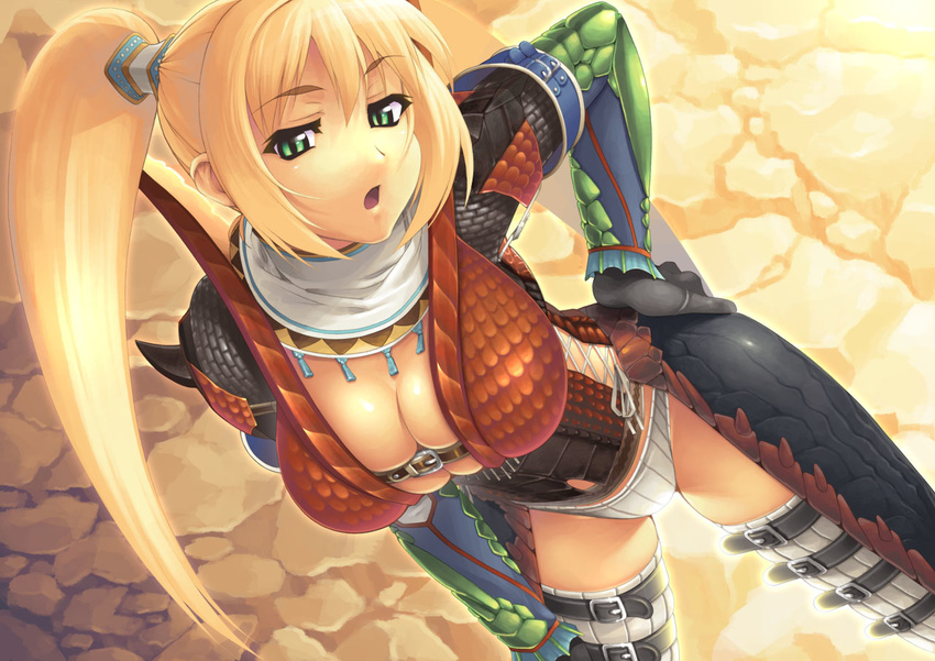 armor blonde_hair breasts cleavage corset dutch_angle gloves green_eyes hand_on_hip huge_breasts long_hair monster_hunter open_mouth panties skindentation solo strap thigh_strap thighhighs twintails underwear yn_red