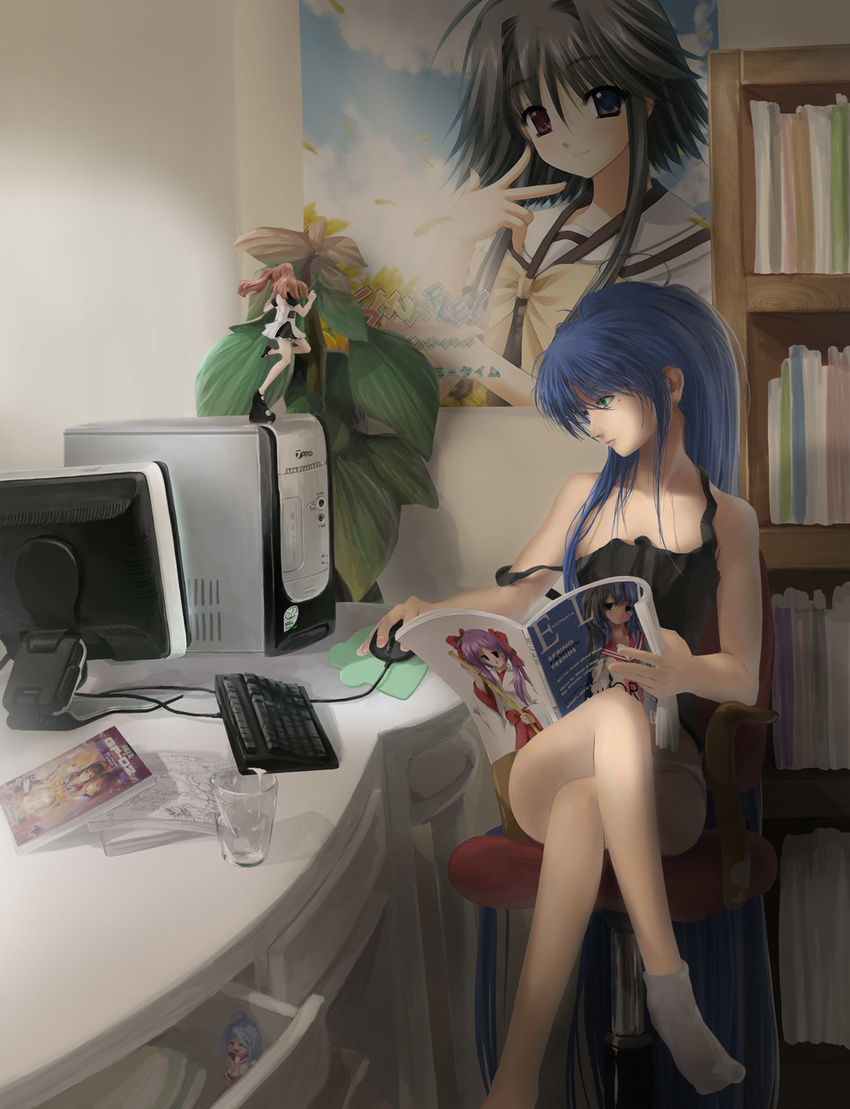 asahina_mikuru bad_id bad_pixiv_id bare_shoulders blue_hair book bookshelf cameo chair computer crossed_legs figure glass green_eyes heterochromia highres hiiragi_kagami izumi_konata keyboard_(computer) legs long_hair lucky_star mayumi_thyme mole mole_under_eye monitor mouse_(computer) office_chair otaku_room panties plant potted_plant realistic sakura_sora shuffle! sitting socks solo strap_slip suzumiya_haruhi_no_yuuutsu underwear