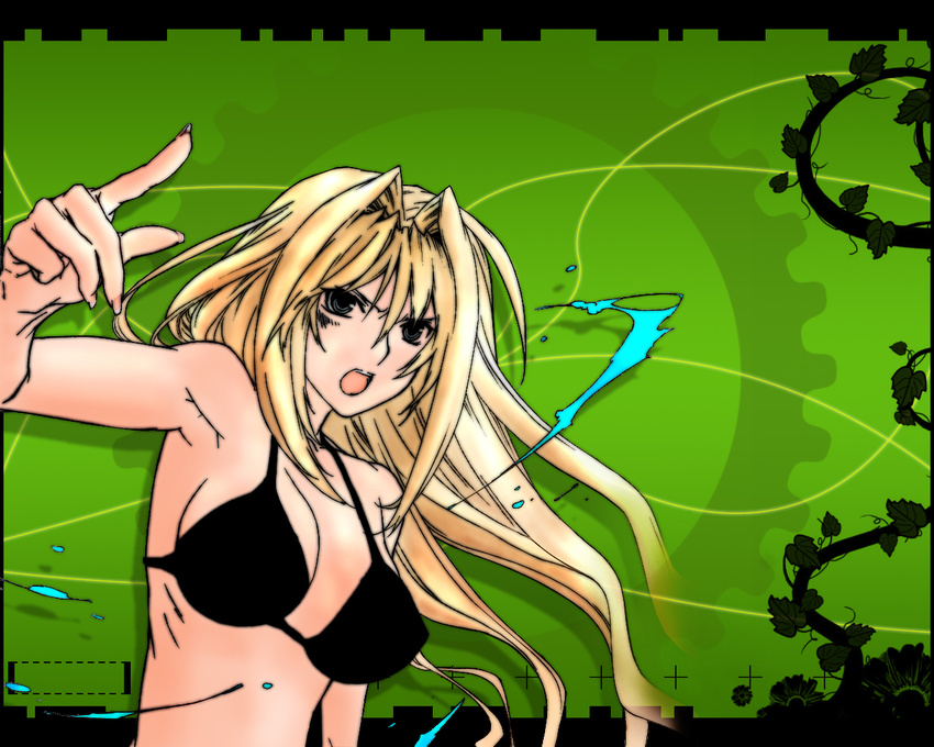 angry armpits bikini blonde_hair blue_eyes breasts fingernails gokurakuin_sakurako hair_intakes large_breasts long_fingernails long_hair non-web_source official_art open_mouth pointing ribs sekirei solo swimsuit tsukiumi very_long_hair wallpaper water