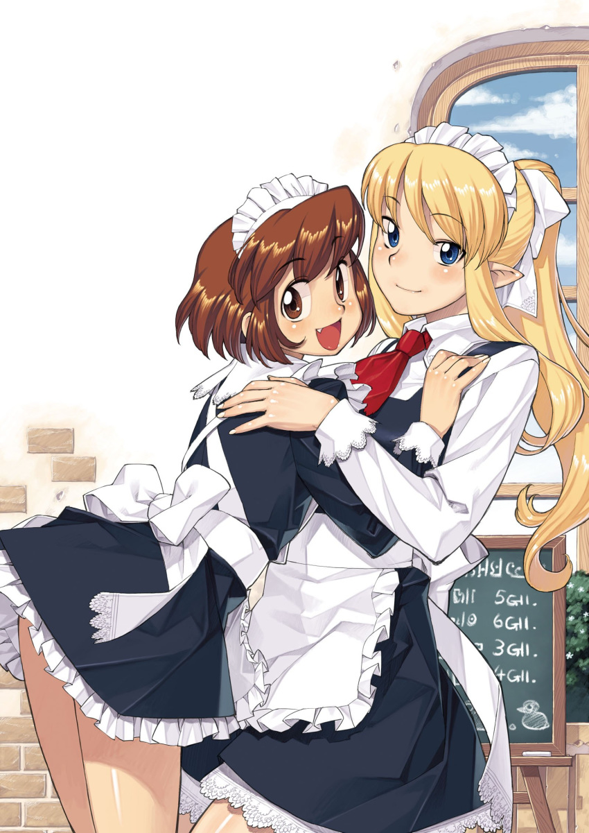 2girls :d black_dress black_vest blonde_hair blue_eyes brown_eyes brown_hair chalkboard closed_mouth collared_shirt commentary_request copyright_request dress elf eyebrows_visible_through_hair fang hair_ribbon hamada_yoshikazu highres hug long_hair long_sleeves maid maid_headdress multiple_girls necktie official_art open_mouth pointy_ears ponytail red_neckwear ribbon shirt smile vest white_ribbon white_shirt window wing_collar
