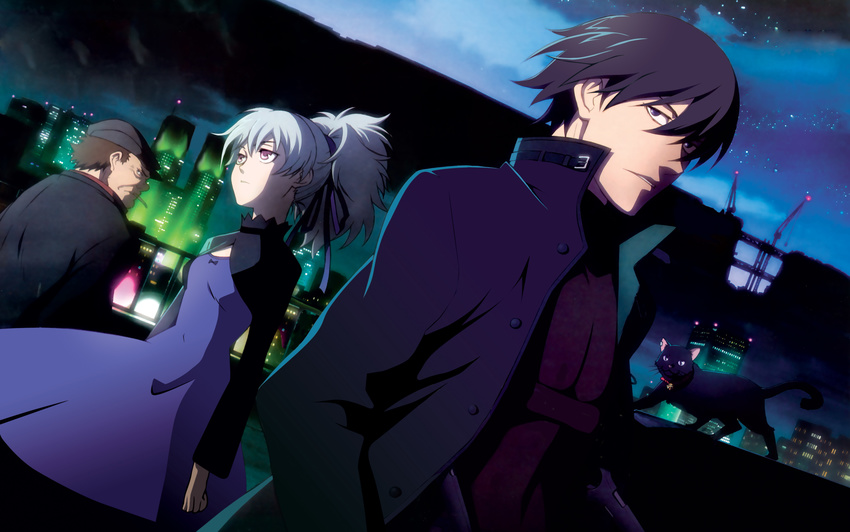 2boys absurdres black_cat black_eyes black_hair brown_hair cat cityscape darker_than_black dress hat hei highres huang komori_takahiro mao_(darker_than_black) multiple_boys night official_art ponytail purple_dress scan silver_hair yin