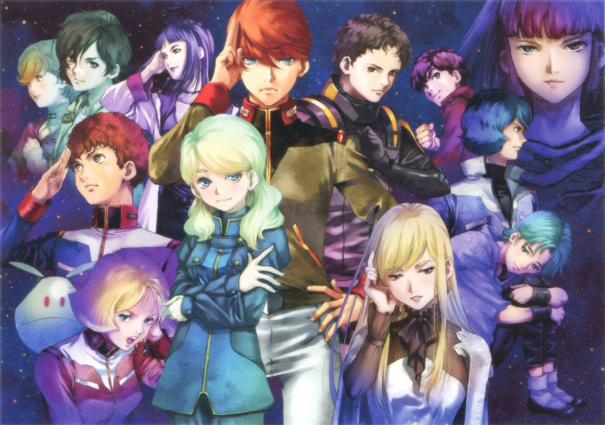 6+boys 6+girls amuro_ray audrey_burne banagher_links blonde_hair blue_eyes blue_hair brown_eyes brown_hair character_request four_murasame green_eyes green_hair gundam gundam_hathaway's_flash gundam_hathaway's_flash gundam_narrative gundam_unicorn gundam_zz haman_karn haro hathaway_noa highres jacket jona_basta judau_ashta kamille_bidan long_hair michelle_luio mikimo_nezumi military military_uniform mobile_suit_gundam multiple_boys multiple_girls narrative_gundam official_art pilot_suit purple_hair rita_bernal sayla_mass short_hair uniform zeta_gundam