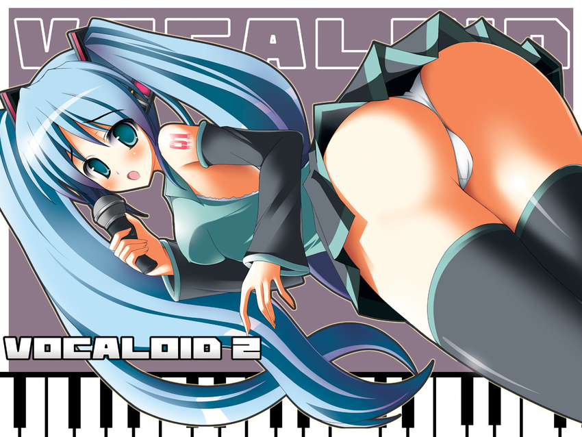 aqua_hair ass hatsune_miku highres long_hair panties solo stem thighhighs thong twintails underwear vocaloid