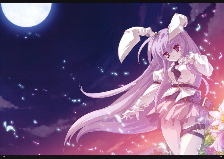 animal_ears belt bunny_ears flower highres long_hair moon pink_hair red_eyes reisen_udongein_inaba skirt solo tokiame touhou very_long_hair