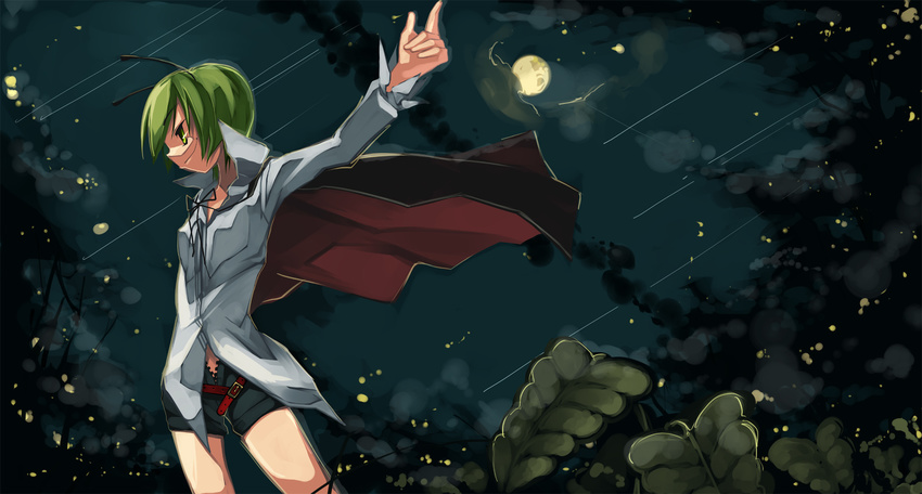 androgynous antennae full_moon green_hair highres moon open_fly shimadoriru short_hair shorts smirk solo touhou traditional_media unzipped wriggle_nightbug