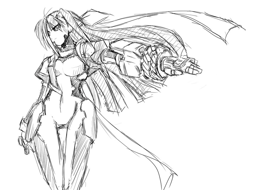 arm_at_side bodysuit floating_hair gauntlets ginga_nakajima greyscale long_hair lyrical_nanoha mahou_shoujo_lyrical_nanoha_strikers monochrome outstretched_arm revolver_knuckle sketch skin_tight solo standing thigh_gap uka very_long_hair wide_hips wind yuuka_(o.t.kingdom)