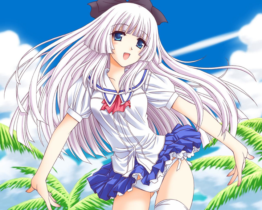 blue_eyes game_cg hair_ribbon kono_aozora_ni_yakusoku_wo long_hair nekonyan palm_tree panties pantyshot ribbon rokujou_miyaho school_uniform side-tie_panties smile solo thighhighs tree underwear wallpaper