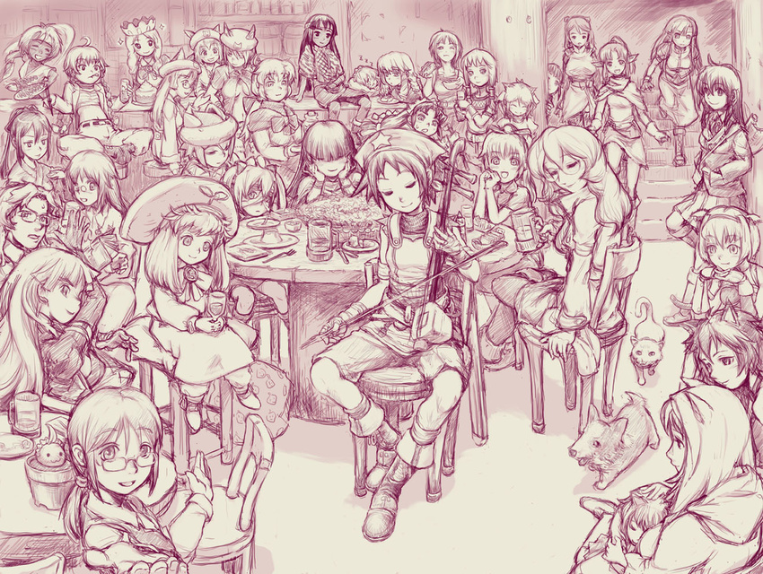 bar crowd erhu everyone golden_lore instrument monochrome multiple_girls purple sanada-x sketch