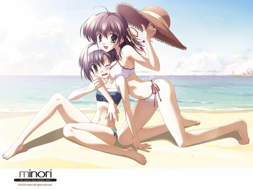 barefoot beach bikini blush breast_press breasts brown_hair day ef feet green_eyes hat legs medium_breasts miyamura_miyako multiple_girls nanao_naru outdoors purple_hair ribbon shindou_kei short_hair side-tie_bikini small_breasts smile swimsuit yellow_eyes