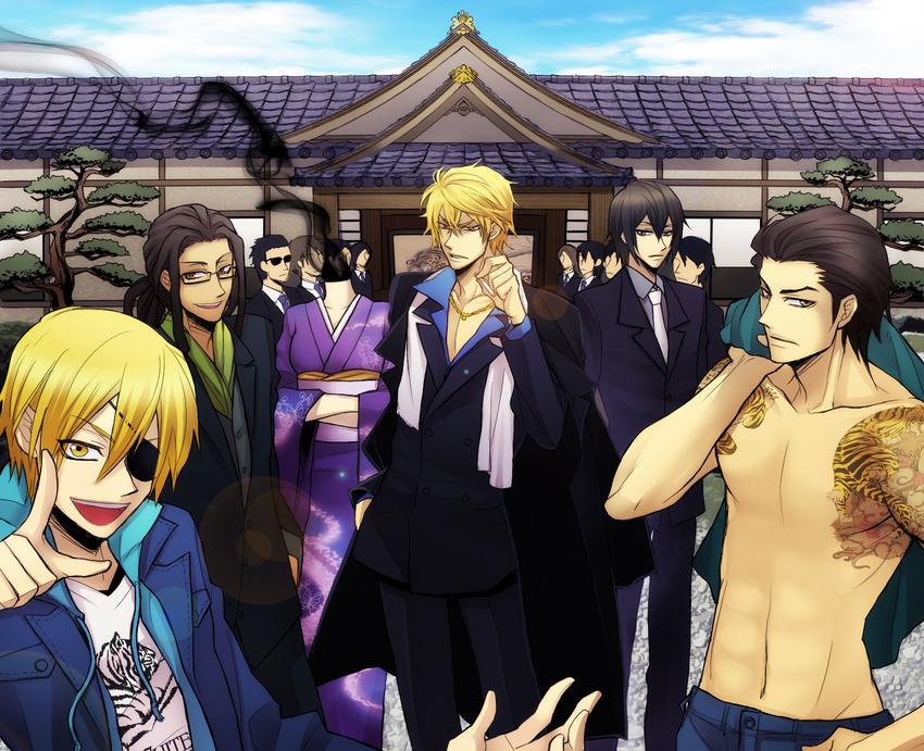 6+boys bad_id bad_pixiv_id black_hair blonde_hair celty_sturluson cigarette dullahan durarara!! formal glasses hairlocs headless heiwajima_kasuka heiwajima_shizuo highres japanese_clothes kadota_kyouhei kida_masaomi kimono mochiko_(japanism) multiple_boys necktie short_hair smoking suit sunglasses tanaka_tom tattoo