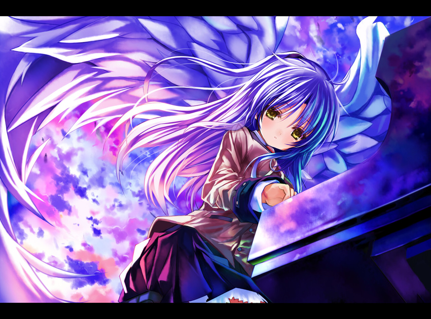 angel_beats! angel_wings from_below instrument long_hair looking_at_viewer looking_down music piano playing_instrument revision school_uniform shino_(eefy) silver_hair solo tenshi_(angel_beats!) wind wings yellow_eyes