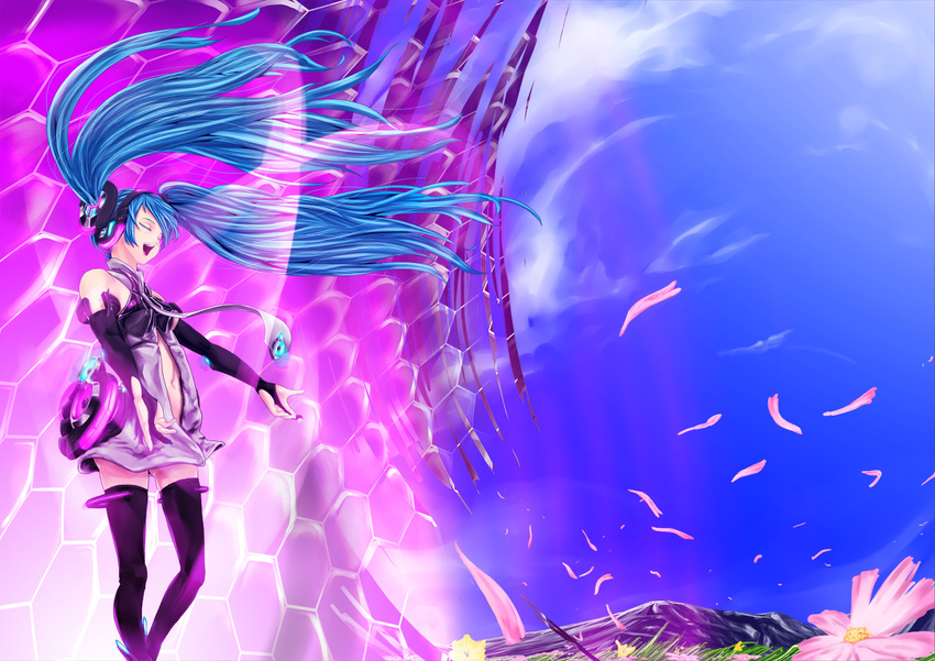 belt blue_hair bridal_gauntlets closed_eyes elbow_gloves fingerless_gloves gloves hamu_no_jin hatsune_miku hatsune_miku_(append) long_hair music navel necktie petals singing sky smile solo thighhighs twintails very_long_hair vocaloid vocaloid_append zettai_ryouiki