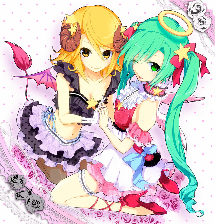 angel angel_and_devil angel_wings aoi_yun bad_id bad_pixiv_id bare_shoulders bat_wings blonde_hair blush breasts cleavage colorized demon_girl dress gloves green_eyes green_hair hair_ornament hair_ribbon hairclip halo hatsune_miku holding_hands horns kagamine_rin long_hair looking_at_viewer medium_breasts multiple_girls navel one_eye_closed open_mouth pantyhose pointy_ears ribbon seiza short_hair sitting skirt smile star tail thighhighs twintails very_long_hair vocaloid white_gloves wings yellow_eyes