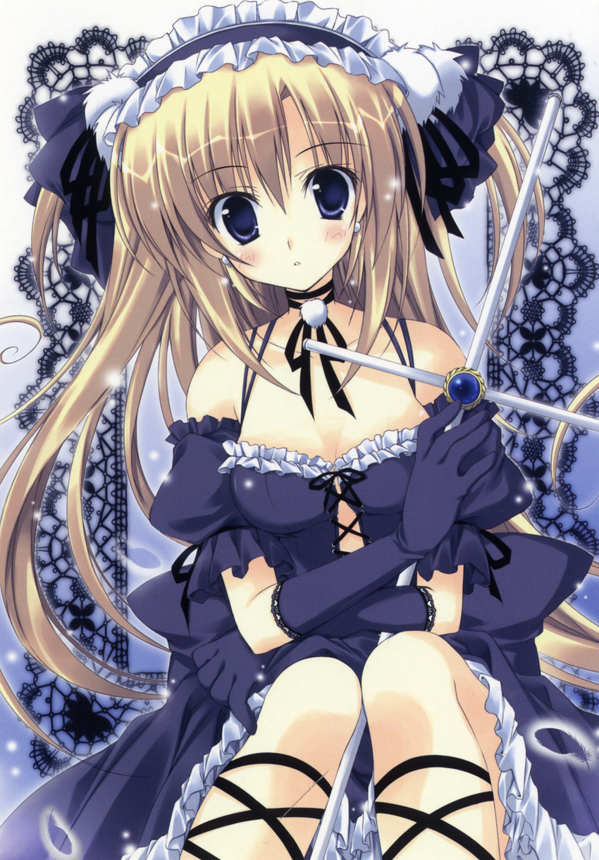absurdres blonde_hair blue_eyes breasts cleavage copyright_request cross dress gloves hairband highres korie_riko lolita_fashion lolita_hairband medium_breasts neck_ribbon ribbon solo two_side_up