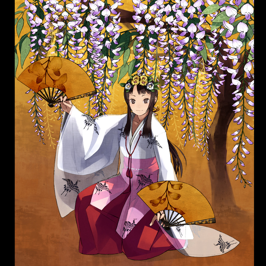 bird brown_eyes brown_hair chihaya_(clothing) crane_(animal) dual_wielding fan flower folding_fan hair_flower hair_ornament head_wreath highres holding japanese_clothes miko one_knee original pillarboxed ponytail shihou_(g-o-s) solo tree wisteria