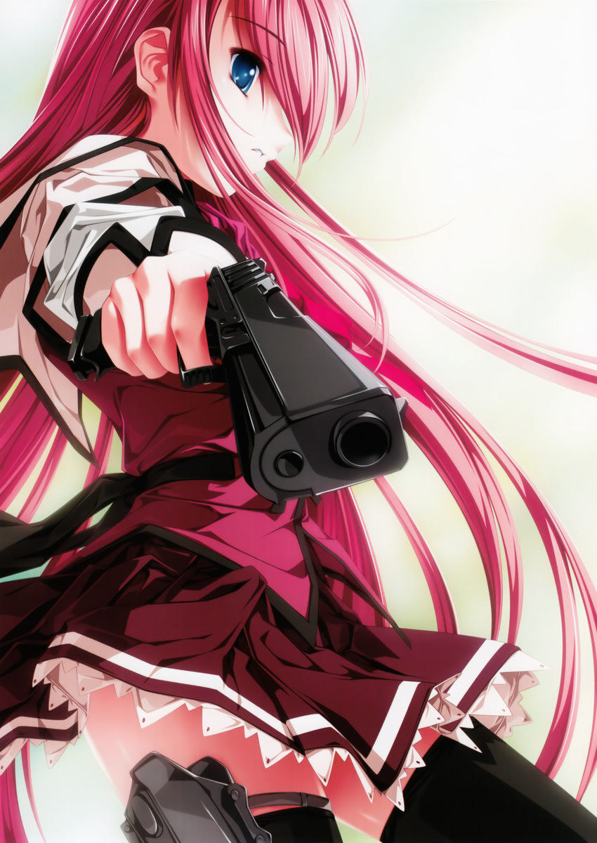 absurdres blue_eyes foreshortening gun highres holster koisuru_otome_to_shugo_no_tate long_hair male_focus otoko_no_ko profile red_hair school_uniform senomoto_hisashi solo thighhighs very_long_hair weapon yamada_taeko