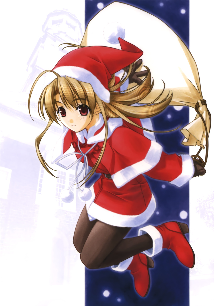 absurdres ahoge bag blonde_hair christmas hashimoto_takashi hat highres long_hair pantyhose pia_carrot_(series) pia_carrot_e_youkoso!! red_eyes ribbon sack santa_costume santa_hat smile solo takai_sayaka