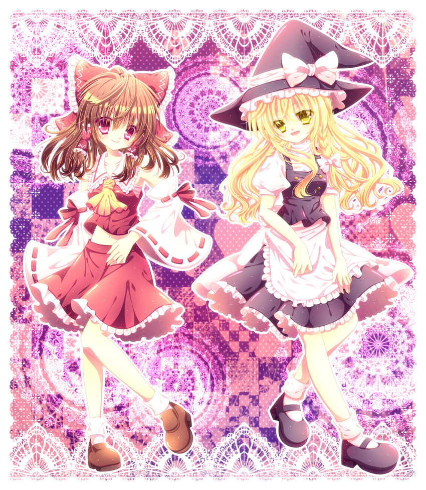 blonde_hair braid brown_hair detached_sleeves hakurei_reimu hat highres kirisame_marisa long_hair momomiya_mion multiple_girls red_eyes touhou yellow_eyes