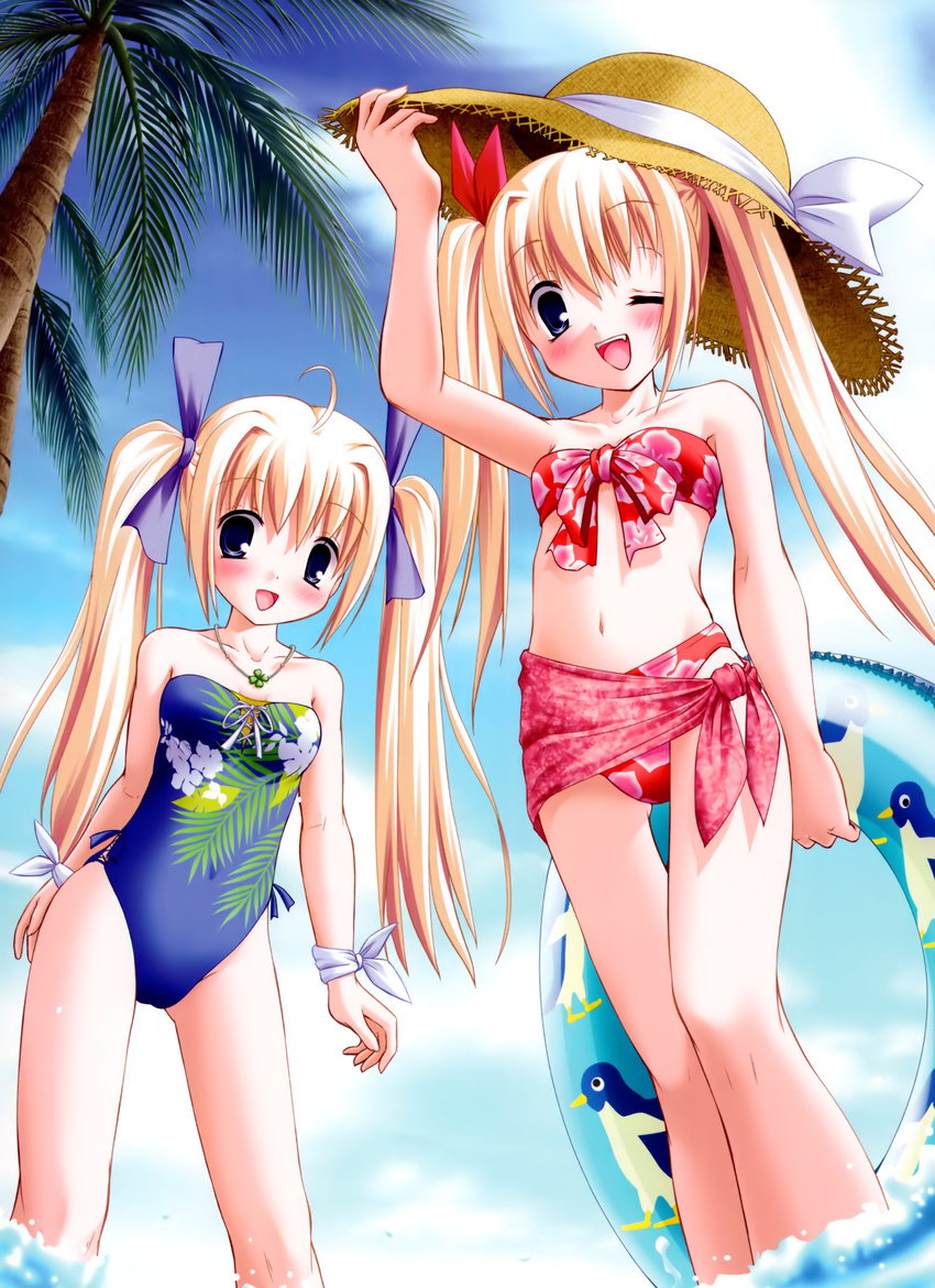 :d absurdres ahoge blonde_hair blush bow clover_heart's fang floral_print hair_bow hat highres innertube mikoshiba_rea mikoshiba_rio multiple_girls navel nimura_yuuji one-piece_swimsuit one_eye_closed open_mouth palm_tree pink_sarong sarong smile straw_hat swimsuit tree twintails