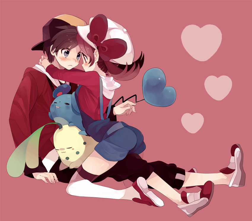 1boy 1girl amazawa_koma amezawa_koma chikorita gold_(pokemon) hibiki_(pokemon) kotone kotone_(pokemon) marill pokemon pokemon_(game) pokemon_hgss thigh-highs