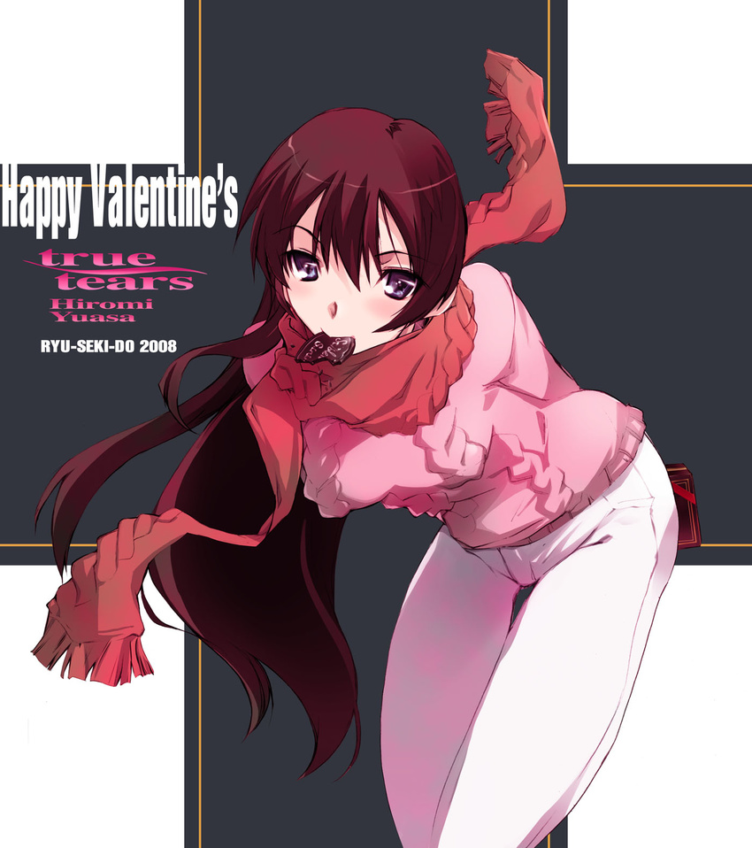 2008 blush brown_hair character_name chocolate copyright_name happy_valentine highres leaning_forward long_hair mouth_hold nagare_hyougo pants purple_eyes red_scarf scarf solo sweater thigh_gap true_tears valentine yuasa_hiromi