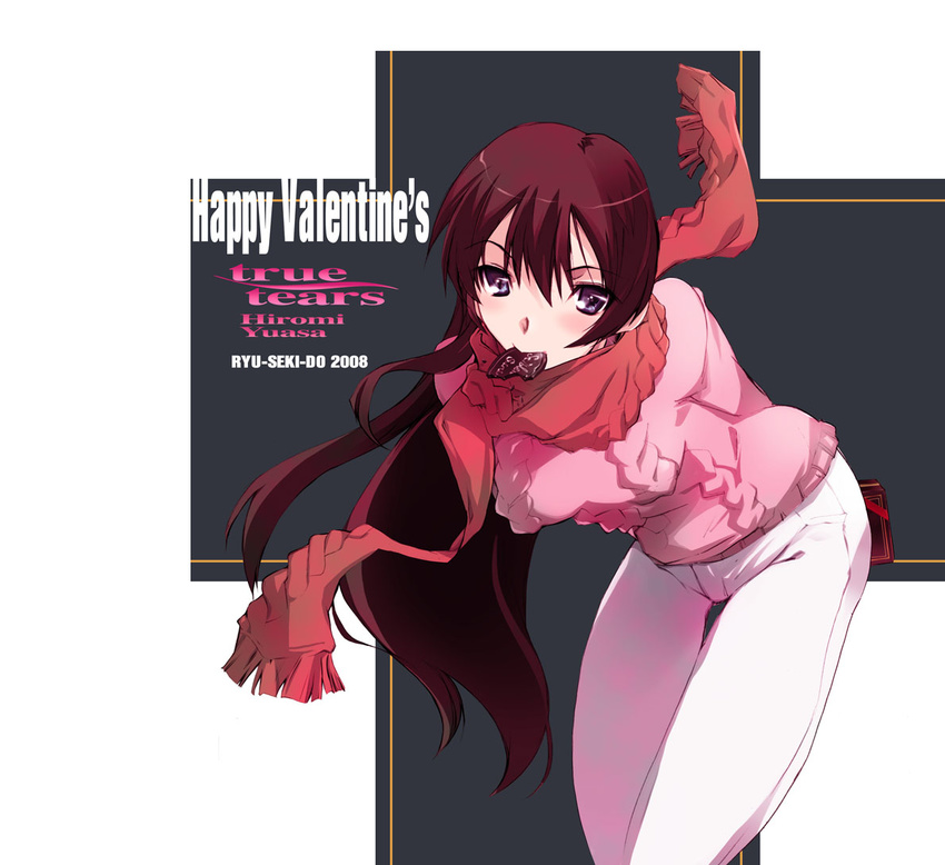 2008 blush brown_hair character_name chocolate copyright_name happy_valentine leaning_forward long_hair mouth_hold nagare_hyougo pants purple_eyes red_scarf scarf solo sweater thigh_gap true_tears valentine yuasa_hiromi