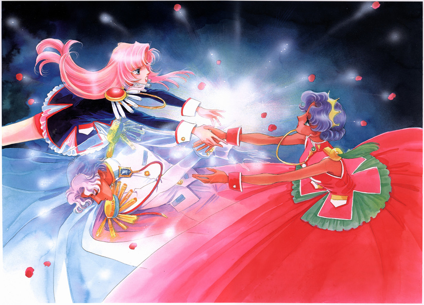 2girls 90s aiguillette cape closed_eyes dark_skin dios dress epaulettes flower green_eyes himemiya_anthy multiple_girls official_art outstretched_arm outstretched_hand petals pink_hair purple_hair reaching rose_petals saitou_chiho scan shoujo_kakumei_utena tenjou_utena