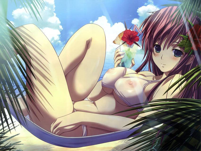 bangs beach bikini blush breasts cleavage cloud covered_nipples cup day drink drinking_glass drinking_straw fingernails flower from_side green_eyes hair_flower hair_ornament hammock hibiscus highres holding kneepits knees_up large_breasts leaf light_rays light_smile long_fingernails long_hair looking_at_viewer lying m&amp;m natsukami navel nipples ocean official_art on_back outdoors pink_hair see-through sidelocks sky smile solo sunbeam sunlight swimsuit takasato_nanase transparent tree tropical_drink underboob very_long_hair wallpaper water white_bikini