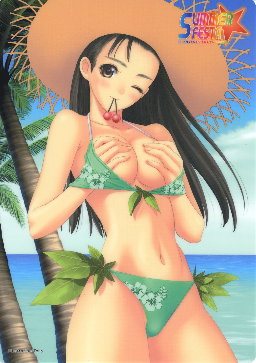 bikini copyright_request day highres long_hair mouth_hold navel ocean scan solo swimsuit tanaka_takayuki
