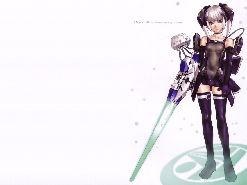 android black_bodysuit blue_eyes blue_legwear bodysuit boots cameltoe caseal choker elbow_gloves energy_sword executioner's_sword flat_chest game_console gloves gun hakua_ugetsu highres phantasy_star phantasy_star_online racaseal sega_dreamcast short_hair skin_tight solo sword thigh_boots thighhighs wallpaper weapon white_background white_hair zettai_ryouiki