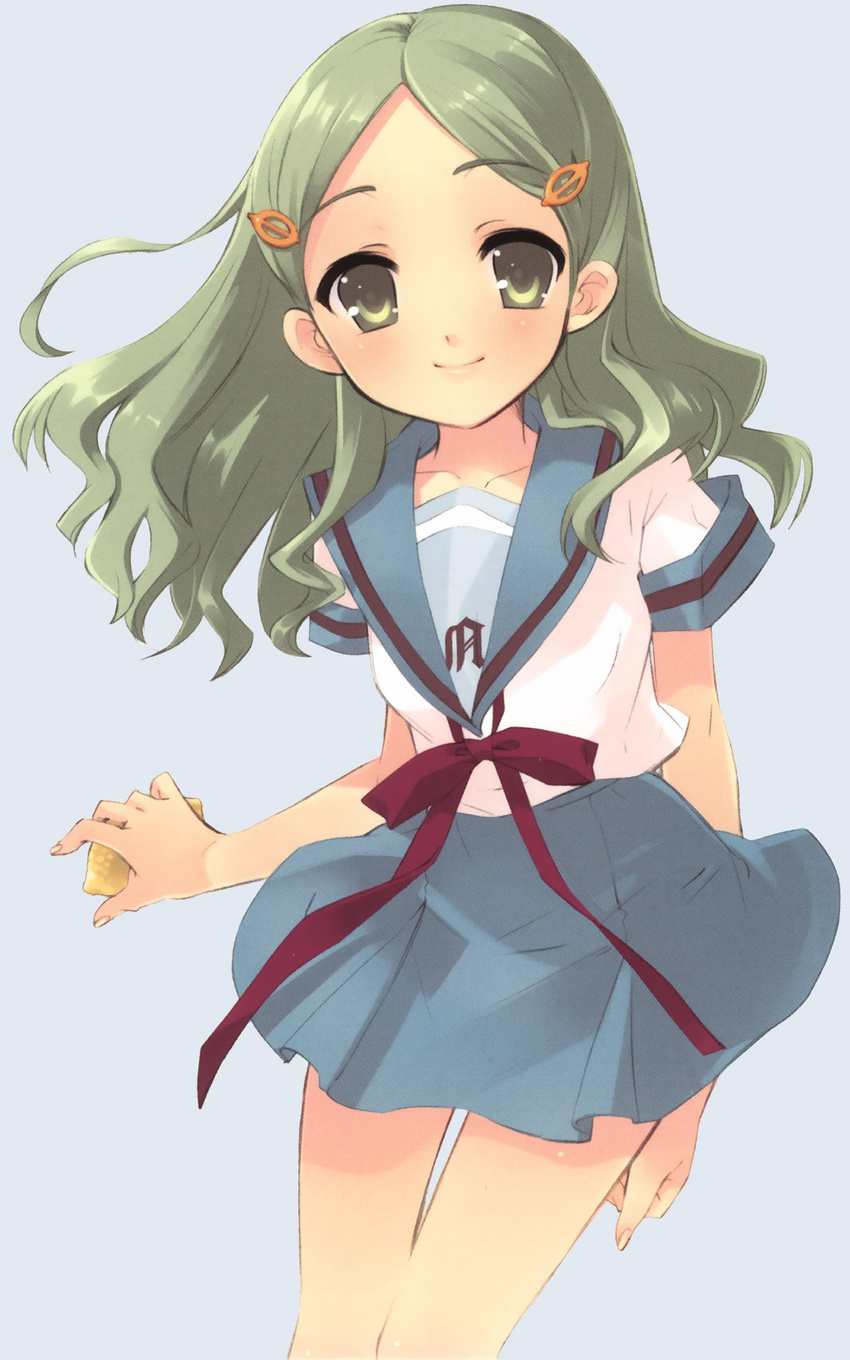 blue_sailor_collar food fruit green_eyes green_hair hair_ornament hairpin highres holding holding_food holding_fruit kimidori_emiri kita_high_school_uniform lemon sailor_collar school_uniform serafuku solo suzumiya_haruhi_no_yuuutsu