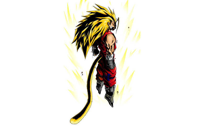 aura bandaid blonde_hair boots dragon_ball dragon_ball_z floating full_body gloves glowing male_focus mane simple_background sleeveless solo son_gokuu super_saiyan super_saiyan_3 tail tus wallpaper white_background