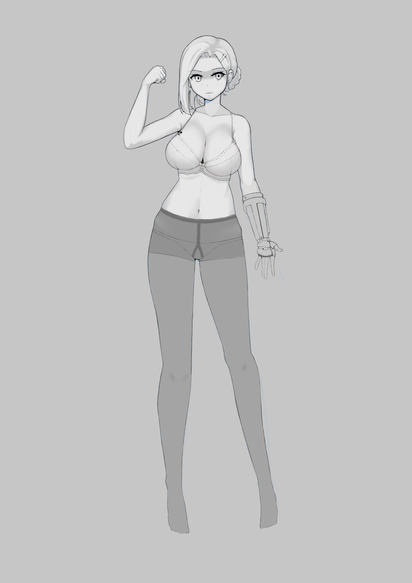 1girl absurdres bare_arms bare_shoulders breasts cleavage closed_mouth commentary copyright_request english_commentary grey_background greyscale hair_bun hair_ornament hairclip hand_up highres kion-kun large_breasts long_legs mechanical_arm monochrome navel panties panties_under_pantyhose pantyhose simple_background sketch solo standing underwear