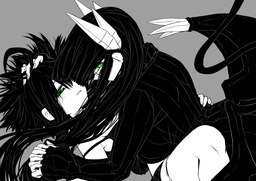 2girls blush commentary_request copyright_request demon_girl demon_horns demon_tail demon_wings fingernails glasses green_eyes grey_background greyscale highres horns interlocked_fingers juugoya_(zyugoya) long_hair low_wings missionary monochrome multiple_girls musuko_ga_kawaikute_shikatanai_mazoku_no_hahaoya one_eye_covered parted_lips short_hair shorts simple_background smile spot_color tail wings yuri