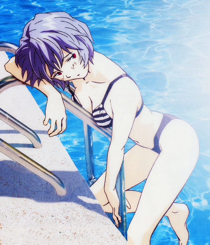 ayanami_rei barefoot bikini blue_hair breast_press breasts cleavage cropped highres hiramatsu_tadashi leaning_forward navel neon_genesis_evangelion official_art pale_skin photo_background pool pool_ladder poolside red_eyes shadow short_hair small_breasts solo striped striped_bikini sunlight swimsuit