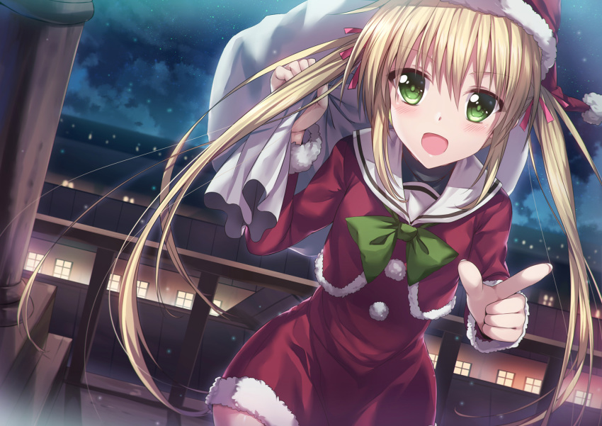 1girl :d bangs blonde_hair blush bodysuit bow bowtie building christmas cloud cloudy_sky commission cowboy_shot cropped_jacket dress dutch_angle fur-trimmed_jacket fur-trimmed_sleeves fur_trim green_eyes green_neckwear hair_ribbon hand_up hat hayate_no_gotoku! holding holding_sack jacket long_hair long_sleeves looking_at_viewer luzi night night_sky open_mouth outdoors pointing pointing_at_viewer pom_pom_(clothes) railing red_dress red_hat red_jacket red_ribbon ribbon sack sailor_collar santa_costume santa_hat sanzen'in_nagi sanzen'in_nagi sky smile solo star_(sky) starry_sky tareme twintails very_long_hair white_sailor_collar