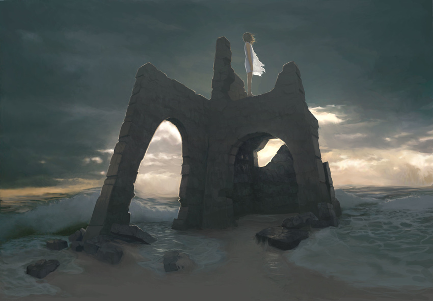 cloud copyright_request dark highres justin_cherry ruins scenery seaside see-through solo standing stormy_waters wind