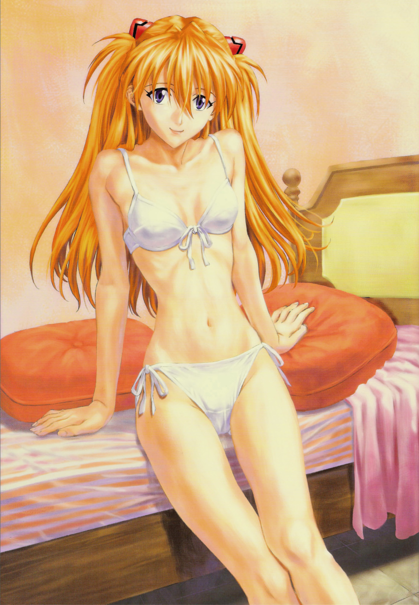 absurdres bed bra breasts double_post front-tie_top highres izurumi lingerie long_hair neon_genesis_evangelion orange_hair panties pillow purple_eyes side-tie_panties sitting skinny smile solo soryu_asuka_langley underwear white_panties