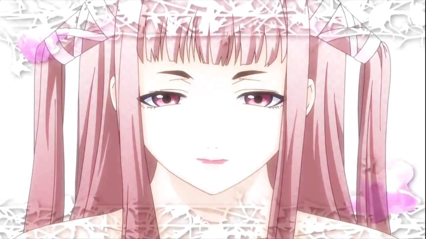 bangs closed_mouth face hair_ornament hair_ribbon long_hair non-web_source pink_eyes pink_hair pink_lips portrait ribbon rosario+vampire screencap solo toujou_ruby two_side_up white_background