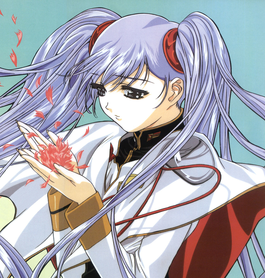 90s blue_hair flower gotou_keiji highres hoshino_ruri kidou_senkan_nadesico kidou_senkan_nadesico_-_prince_of_darkness solo twintails