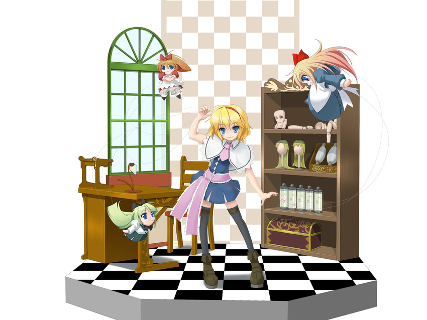 &gt;:) alice_margatroid apron arm_up bangs black_legwear blonde_hair blue_dress blue_eyes boots bow bowtie capelet chair chibi crossed_arms desk doll doll_joints dress faux_figurine floating frills green_hair hairband head_tilt highres hourai_doll indoors long_hair looking_at_viewer miniskirt necktie orange_hair puffy_sleeves red_dress sash shanghai_doll shirt short_hair skirt smile solo standing thighhighs touhou v-shaped_eyebrows very_long_hair waist_apron wallpaper wapokichi zettai_ryouiki